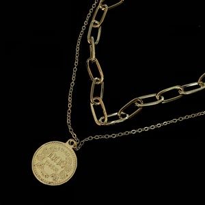Handmade Double Layered Gold Coin Chain Necklace Pendants Necklace
